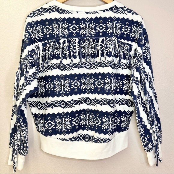 Cotton Citizen Nordic Print V Neck Fringe Detail Pullover Navy Blue - Picture 6 of 7